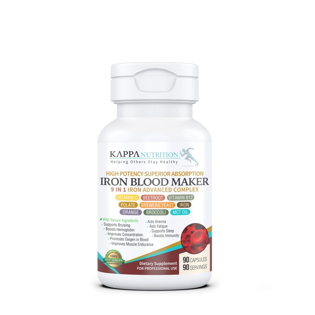 KAPPA NUTRITION Iron 26mg, Vitamina C & Orange 150mg, Folate 667mcg DFE, Vitamina B12, Beetroot, Levadura, Broccoli & MCT Oil 9 in 1 Advanced Complex (90 Capsules)