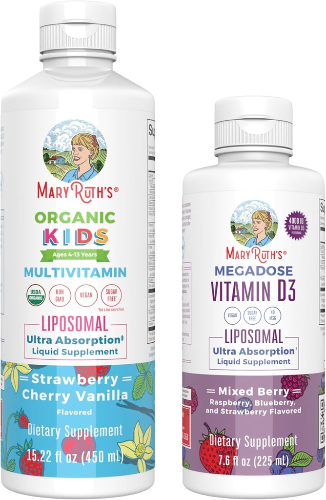 MaryRuth Organics Kids Multivitamin Liposomal (Strawberry Cherry & Vanilla) & Vitamina D3 Liposomal (Mixed Berry) Clean Label Project Verified® Vitamins for Immunity & Wellness general, Vegan, Non-GMO