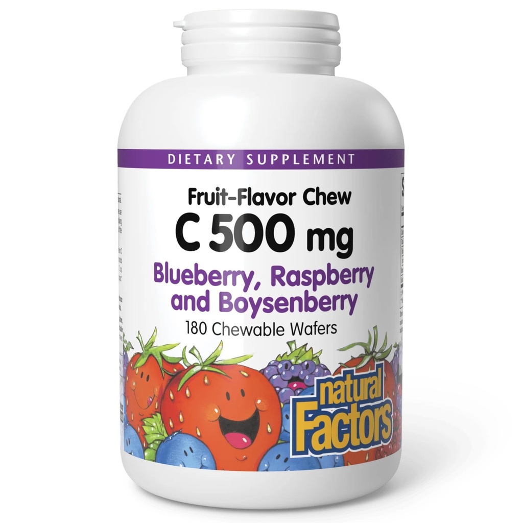 Factores naturales Niños Chewable Vitamina C 500 mg, Soporta Salud Inmune, Huesos, Dientes y Gums, Blueberry, Raspberry y Boysenberry, 180 Wafers