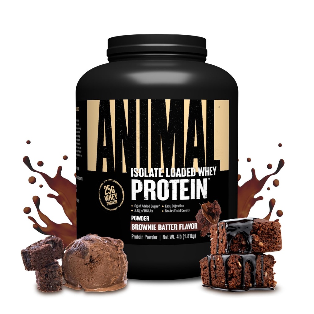 Animal Whey Isolate Protein Powder - cargado para Pre &amp; Post Workout Muscle Builder y recuperación con enzimas digestivas para hombres &amp; mujeres - 25g Proteína, gran sabor, bajo azúcar - Brownie Batter 4 libras
