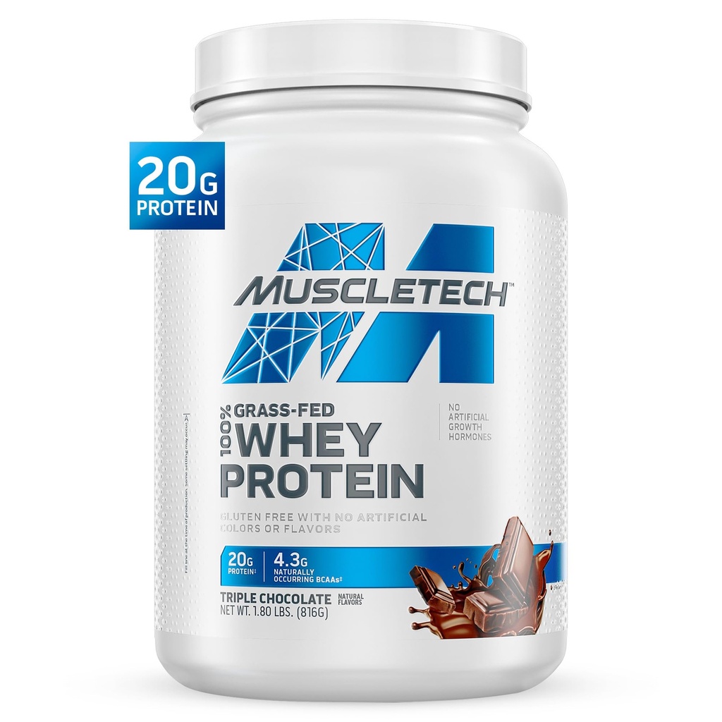 Muscletech Grass-Fed Whey Protein Powder (Triple Chocolate, 1.8LB) - Whey Protein Smoothie & Milk Shake Mix soporta Muscle Gain &amp; Recovery - 20g de Whey Protein para Hombres Mujer - Non-GMO, Gluten-Free