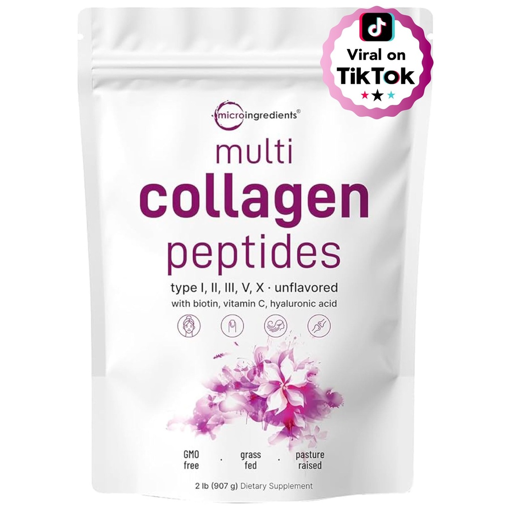 Micro Ingredientes Péptidos multi colágeno Polvo, 2lb TENIDO Tipo I, II, III, V, X + Biotina, Vitamina C & ácido hialurónico TENIDO Desarrollado TENIDO Apoyo Pelo, Esquía &amp; Salud Conjunta TENIDO Keto, No GMO