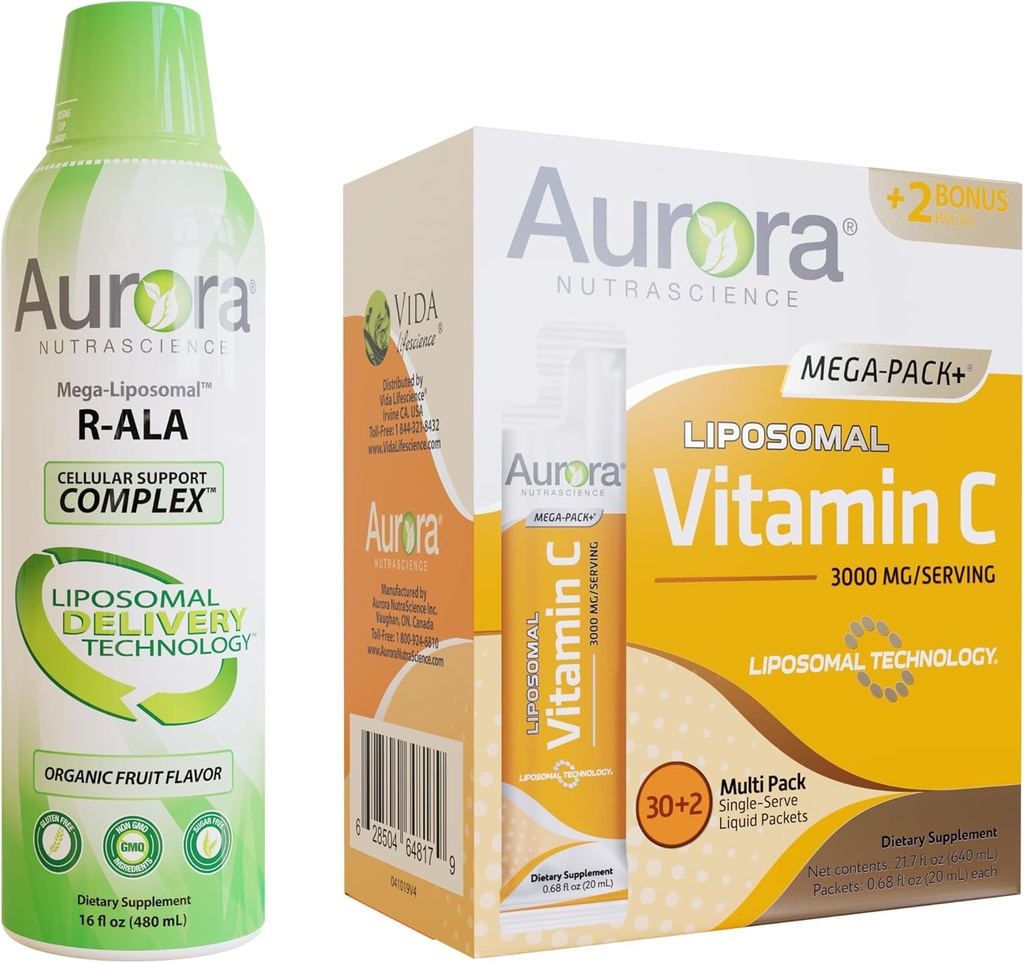 Aurora Nutrascience Mega-Liposomal R-ALA con Complejo CoQ10 & L-Carnitina & Mega Liposomal Vitamina C, 3000 mg Bundle