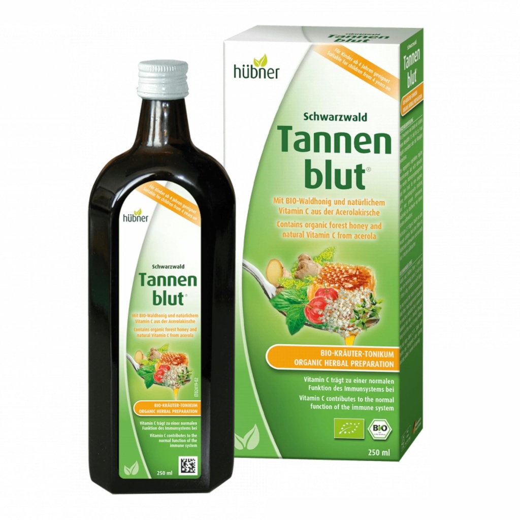 Hubner Tannenblut Preparación de hierbas orgánicas, jarabe de tos de miel, soporte de garganta fría y suave, alivio calmante, suplemento de vitamina C para adultos y niños 4 y mayores, Kosher y libre de alcohol, 250 ml