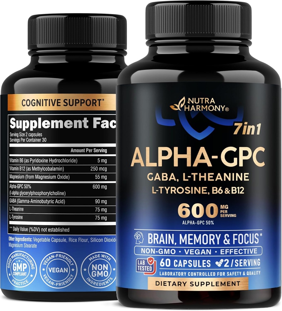 NUTRAHARMONY Suplemento alfa GPC con L-Theanine TEN L-tyrosine TEN Vitamin B6 & B12 - Alpha GPC 600 mg - para Hombres & Mujeres - Hecho en EE.UU. - 60 cápsulas