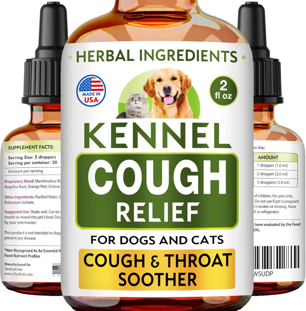 Tratamiento de la tos de Kennel líquido - Supresor de tos para perros " gatos - Sootro de garganta - Alivio de la tos de mascotas secos, húmedos " para todos los pechos - Collapse Trachea " Cat Asthma Support - Made in USA - 2 Fl Oz