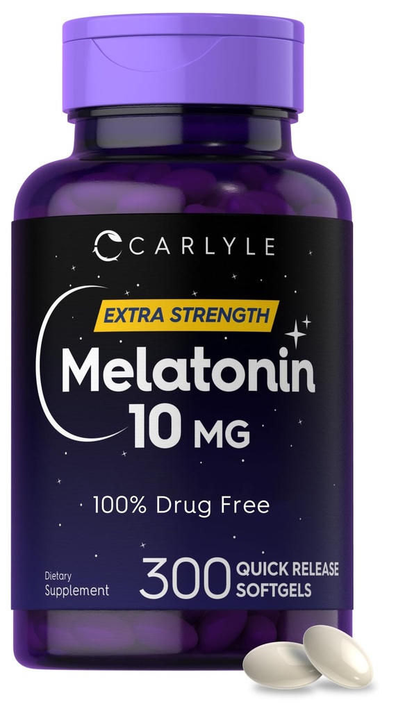 Carlyle Melatonin 10mg TEN 300 Softgels ANTE Extra Strength Support for Adults Silencio Non-GMO, Gluten Free Supplement