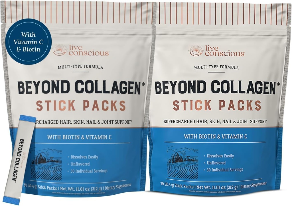 Conscious Beyond Collagen Peptides Powder Unflavored Packets-Hydrolyzed Collagen Powder-Hair Esquí Nail & Soporte Conjunto- Multi Tipo Collagen Suplementos para Mujer & Hombre 30 Pack (2pk)