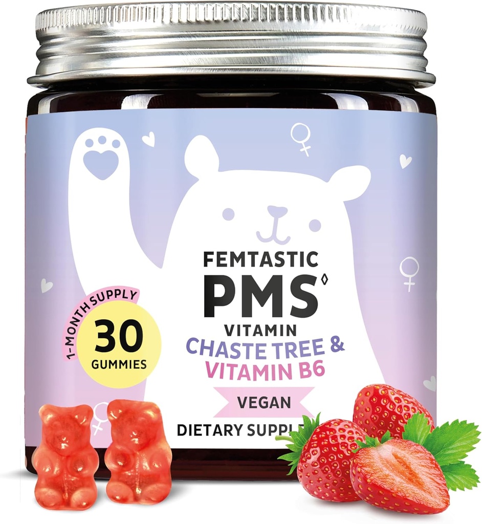PMS Support Supplement for Women. Gummies de alivio menstrual para atacar los brotes hormonales, la hinchazón, los calambres de período, " Mood Swings. Vegano, con Vitamina B6 & Balm de limón, 30 Gummies