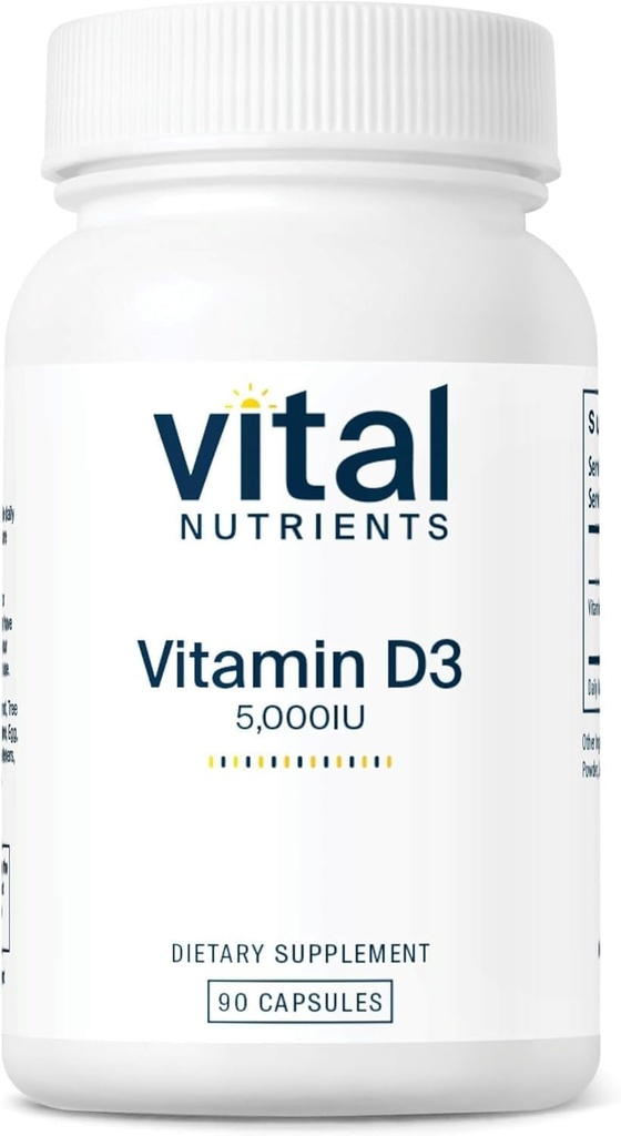 Nutrientes Vitales Vitamina D 5000 UI ← Vitamina D3 Suplemento Silencio Huesos Saludables, Dientes, Musculos* Anterior Función Celular &amp; Inmunitaria TEN Calcium Absorption TEN Gluten, Dairy and Soy Free TEN 90 Capsules