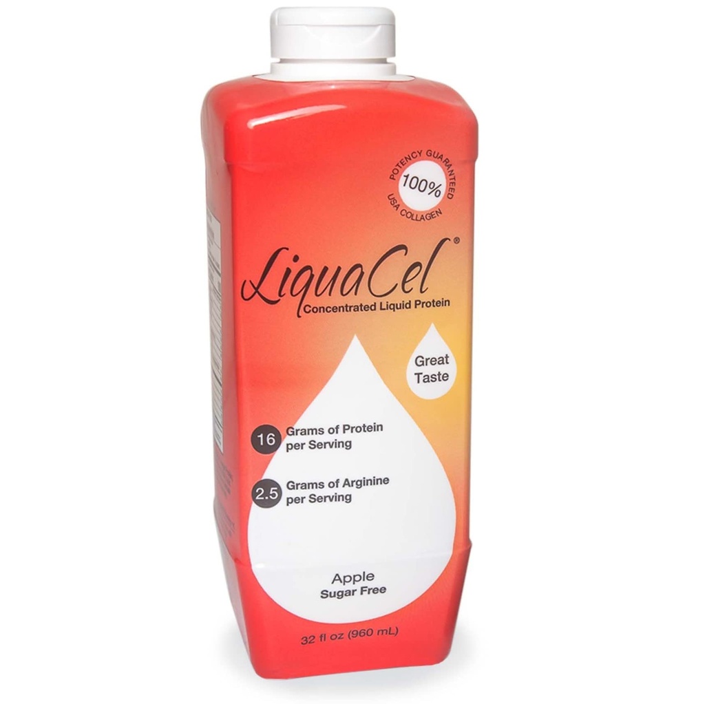 LiquaCel concentrado Proteína líquida, Manzana sin azúcar, botella de 32oz – Collagen Whey Arginine