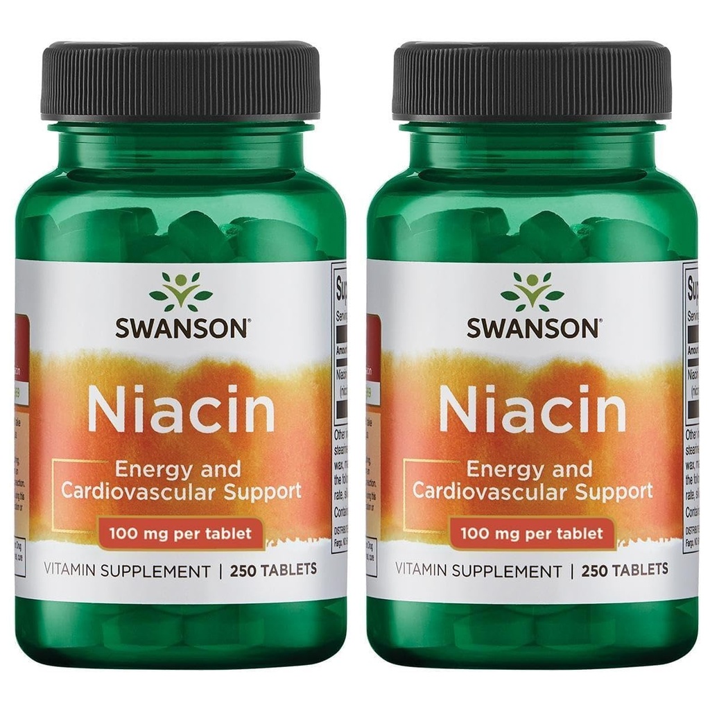 Swanson Niacin (Vitamin B3) - Suplemento de vitaminas Apoyo a la salud del corazón y el metabolismo del carbohidrato - promueve la producción de energía natural - (250 Tabletas, 100 mg NE Cada uno) (2 Pack)