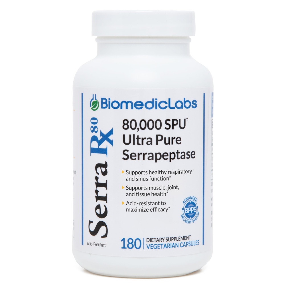 Serra-RX 80,000 SU Serrapeptase - Acid-Resstant Proteolytic Enzyme sistémico, No GMO, Gluten Free, Vegan, soporta Sinus &amp; Lung Health, 180 Veg Capsules