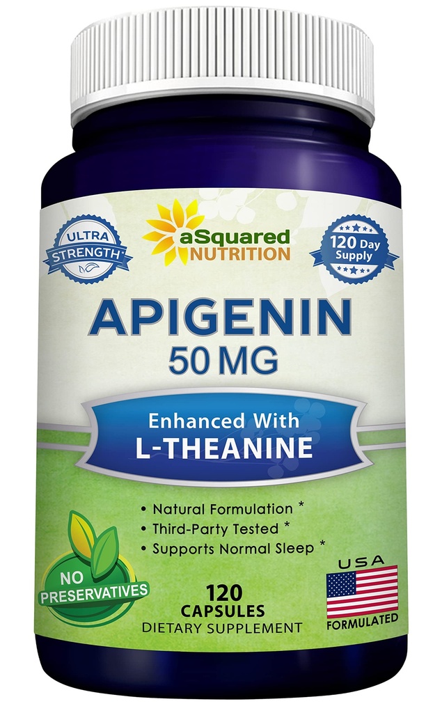 aSquared Nutrition Apigenin 50mg &amp; L-Theanine 200mg - 120 Capsules - Suplemento de apigenina Pills for Sleep and Relaxation - Natural Bioflavonoid Extract Found in Chamomile Tea