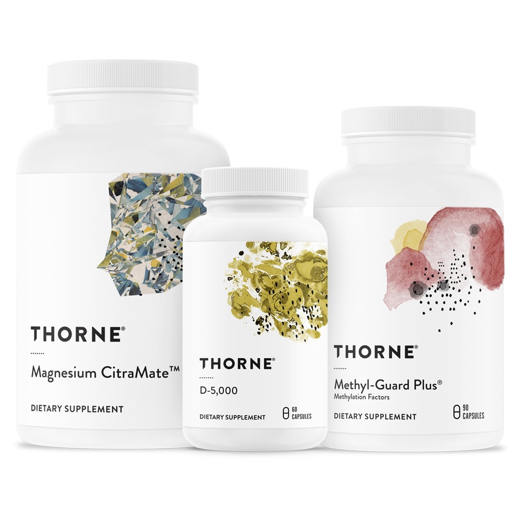 THORNE - Trio de bienestar esencial - Soporte de metilación + CitraMate de magnesio + Vitamina D-5000-60