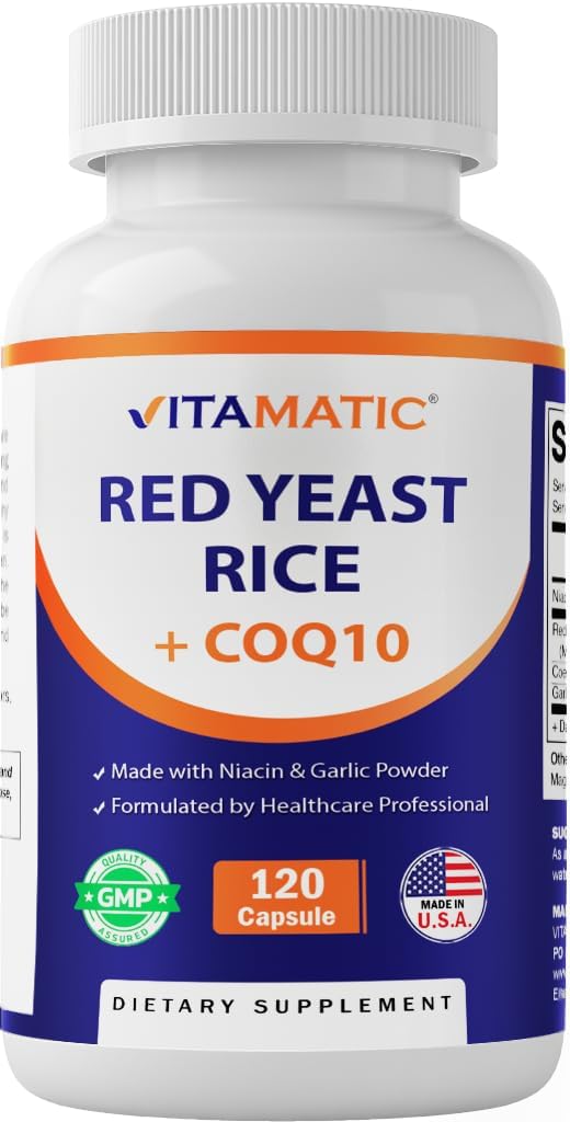 Vitamatic Citrinin-Free Yeast Rice 1200 mg. Cápsulas con CoQ10 100mg, Flush Free Niacin 100mg, & Ajo Powder 20mg - 120 Veg Capsules