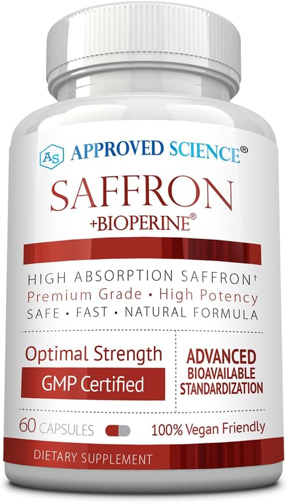Aprobado Science® Saffron Estándarizado a 3% Crocin, 2% Safranal - Alta absorción BioPerine - Vegan, 60 cápsulas - Pack de 1