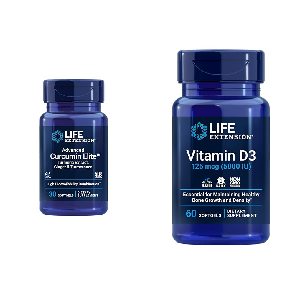 La extensión de vida Curcumin Elite Turmeric Ginger Extracto &amp; Vitamina D3 5000 UI Softgels - Healthy Inflammatory Immune Response and Bone Brain Health - 30 &amp; 60 Con