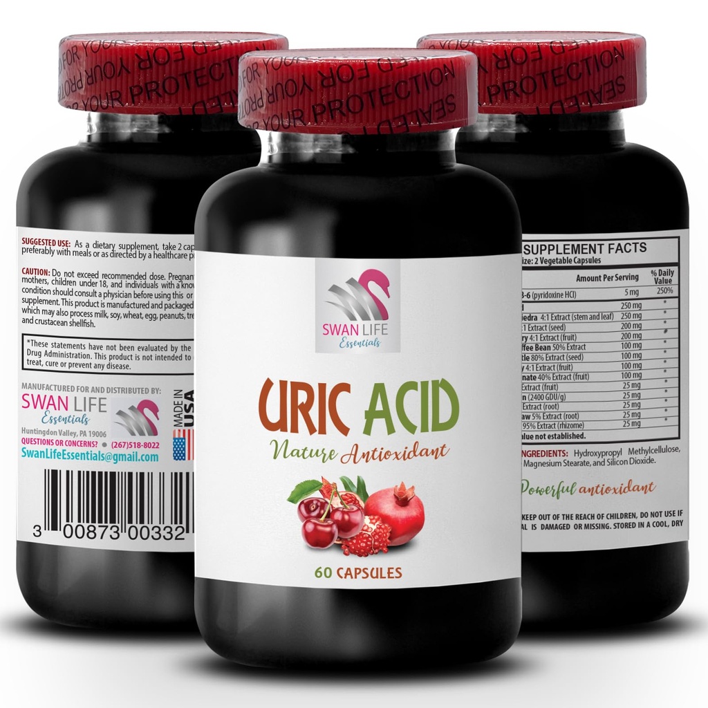 Natural Ways to Lower uric Acid - URIC Acid - Suplementos para el ácido úrico, Suplementos al ácido úrico inferior, Tart Cherry Extract Capsules, Tart Cherry Pills, Green Coffee Bean Extract 1Bot 60Caps