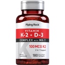 Piping Rock Vitamina K2 D3 Suplemento TEN 100 mcg TEN 180 Softgels TEN complejo con MK7 ANTE No GMO, Gluten Free