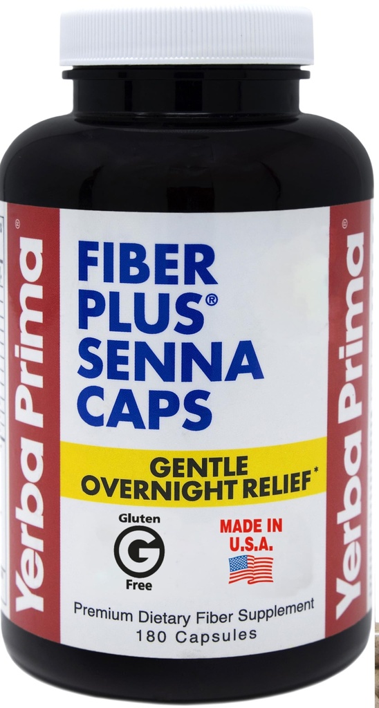 Yerba Prima Fiber Plus Senna Capsules, 180 Conde - Gentle Overnight Relief, USA Made, Non-GMO, Gluten-Free