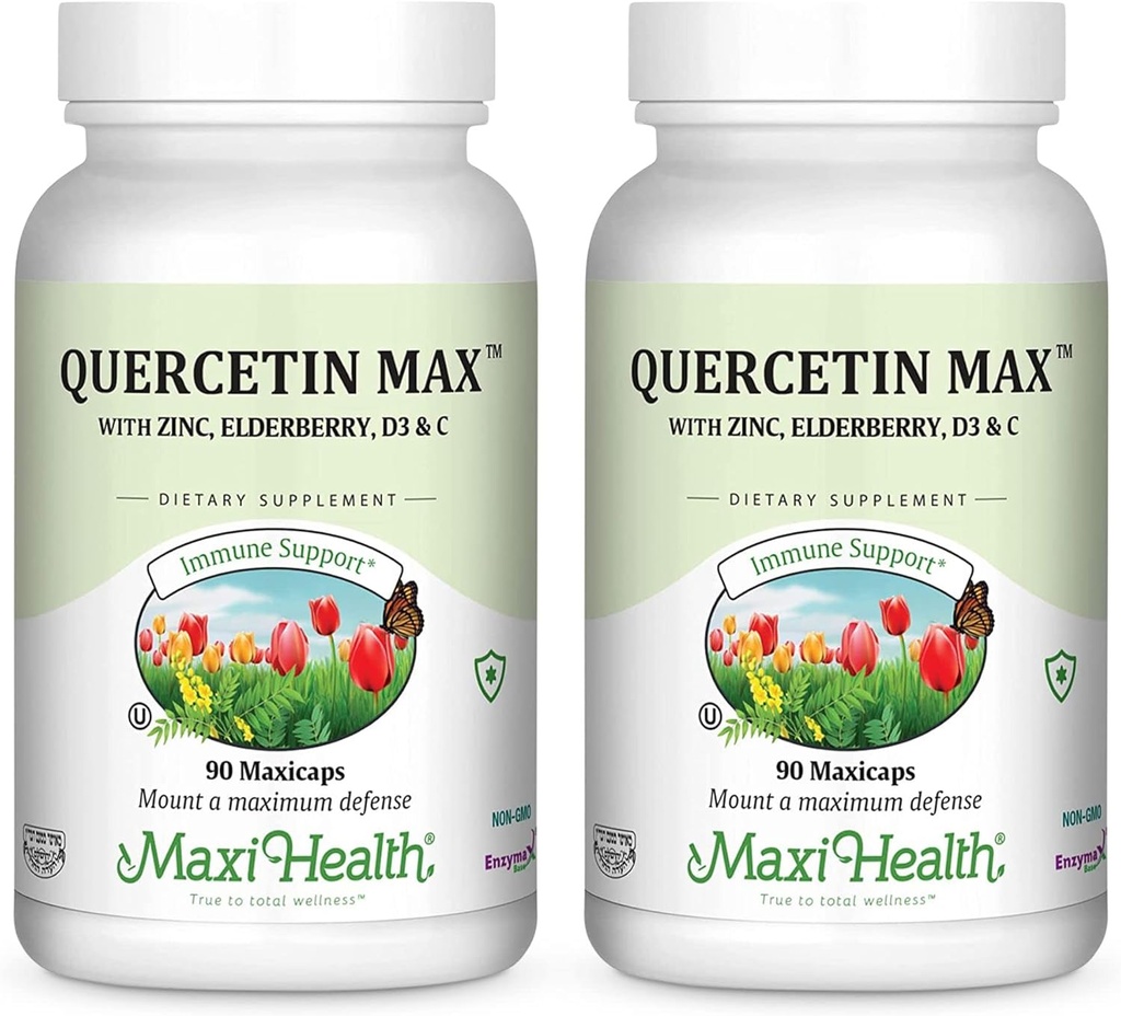 Maxi Health Quercetin 500mg Capsules – Suplementos de zinc para mujeres y hombres – No GMO, Kosher y suplementos de quercetina sin gluten con vitamina C y zinc de aerosoles (90 cápsulas de verduras, paquete de 2)