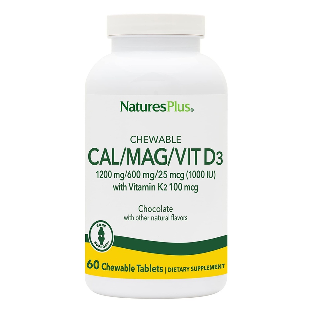 NaturesPlus Cal/Mag/VIT D3 con Vitamina K2-60 Tablas Chewable - Chocolate Flavor - Calcio, Magnesio, Vitamina D3 &amp; K2 Soporte Salud Suplemento - 30 Actuaciones