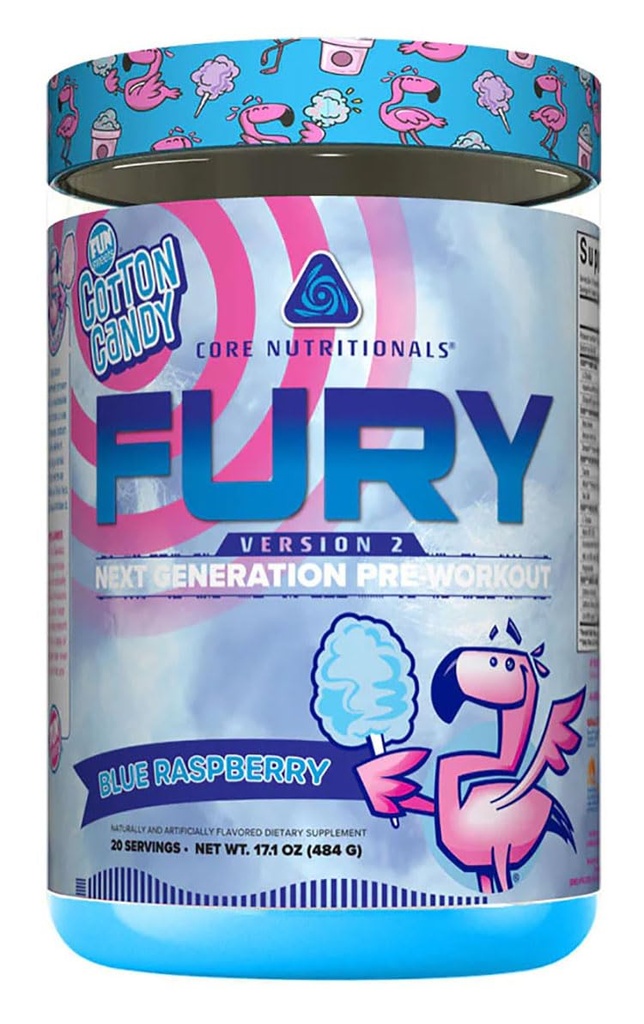 Nutrición básica Furia V2: Polvo de entrenamiento previo para maximizar el rendimiento en la cafeína Gym W/Zum-XR®, L-CItruline y Alpha GPC (40 Scoops) (Fun SweetsTM Blue Raspberry)