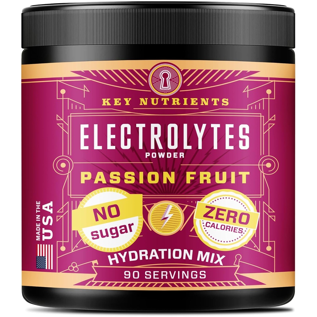 KEY NUTRIENTS Multivitamin Electrolytes Powder No Sugar - Delicious Passion Fruit Electrolyte Powder - Endurance & Energy Supplement - Hydration Powder - Sin Calories - 90 Servings - Made in USA