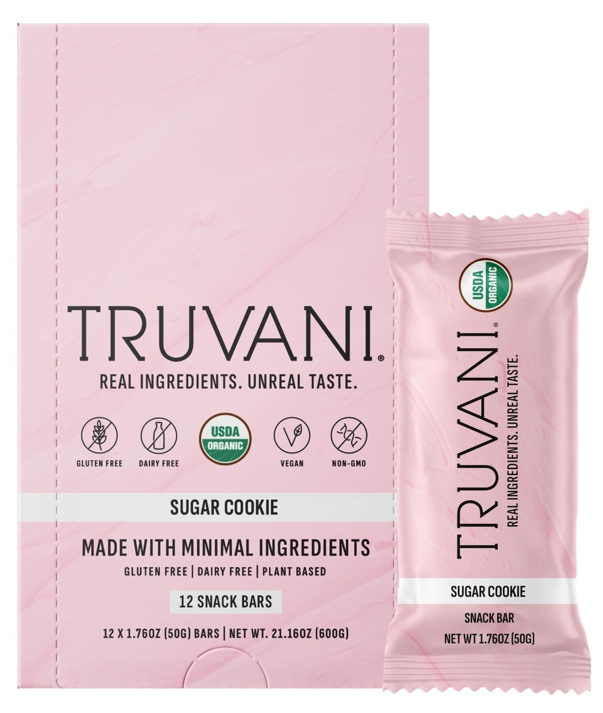 Truvani Plant Based Snack Bares ← Sugar Cookie 12 Pack ← 6g Protein Silencio USDA Orgánica y Vegan ← El único Bar ← Dairy, Soy y Gluten Free ← Individuamente Arrojado