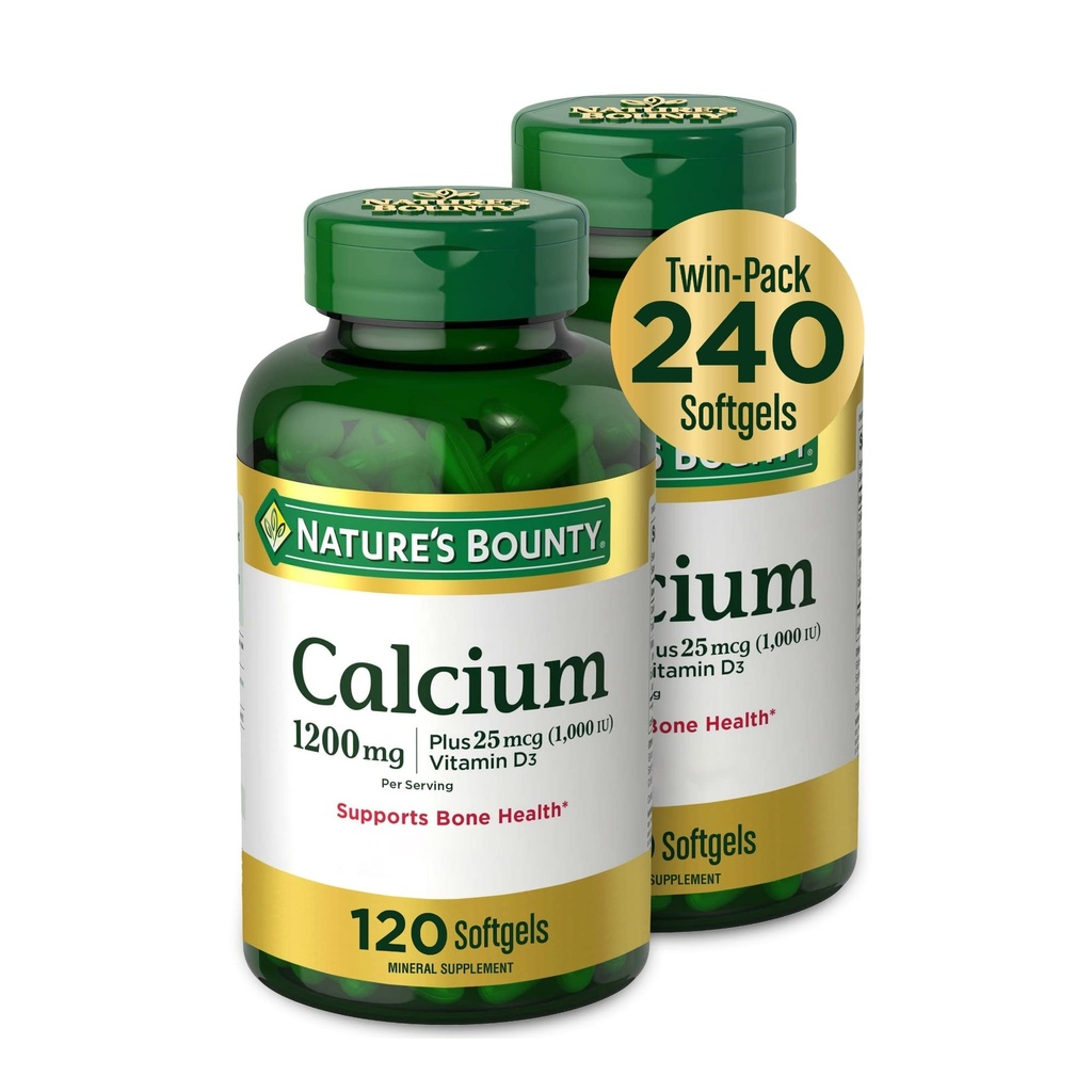 Calcio de recompensa de la naturaleza 1200 mg con vitamina D3 - Softgels de salud ósea, calcio y vitamina D Suplemento, 120 Ct (2-Pack)