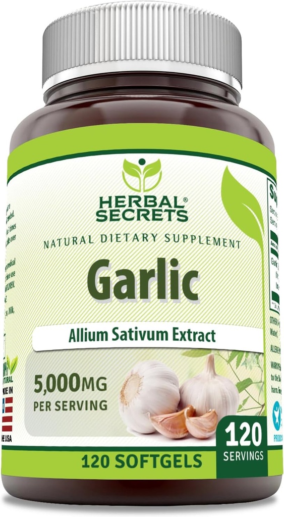 Herbal Secrets Ajo Suplemento TENIDO 5000 Mg Por Serving TEN 120 Softgels Silencio No-GMO TENIDO Gluten Free TEN Made in USA