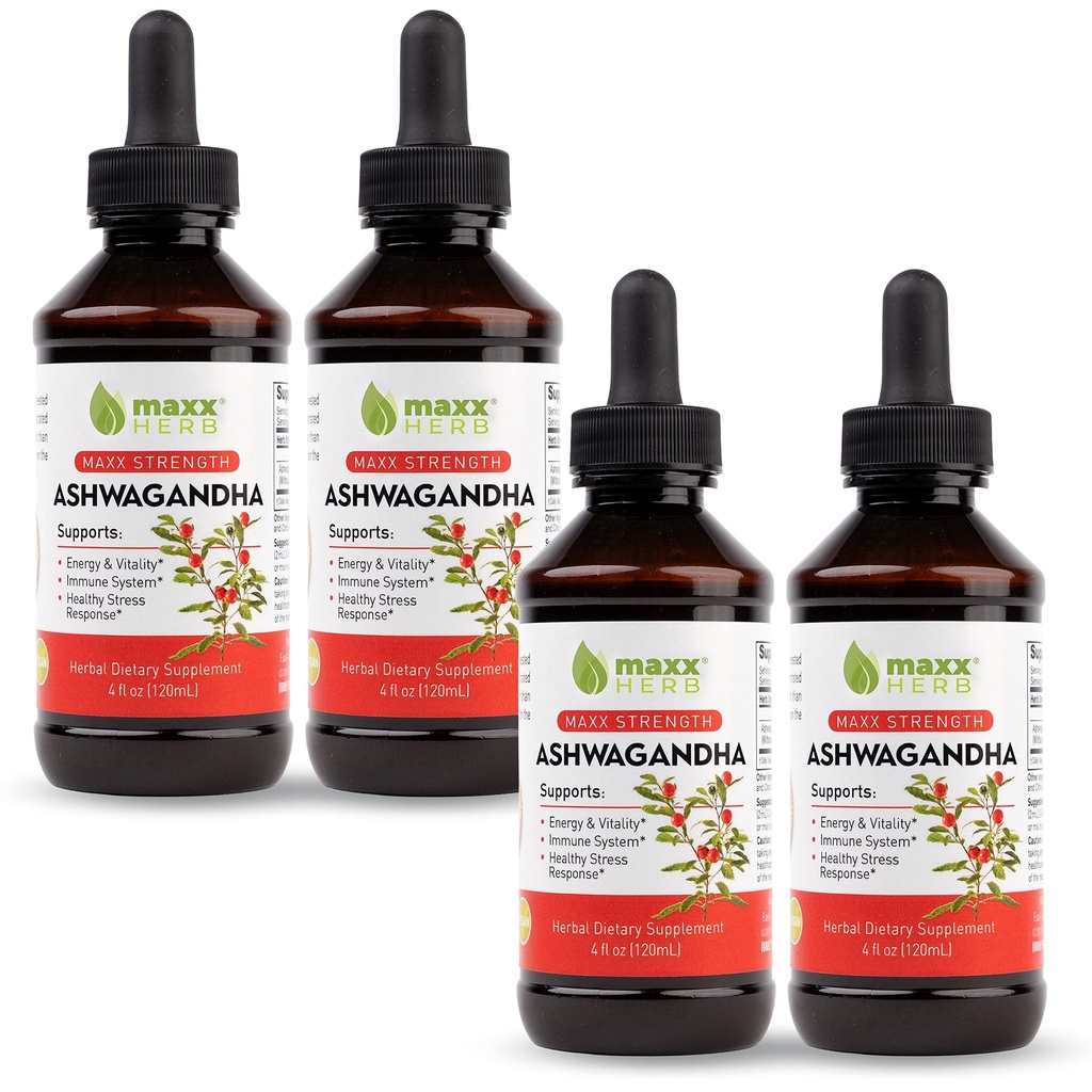 Maxx Herb Ashwagandha Extracto – Max Strength Liquid Tincture Absorbs Better Than Capsules o Powder - para la resistencia, la memoria y el soporte de inmunológico – 4 botellas, 4 Oz Cada (240 servidumbres)