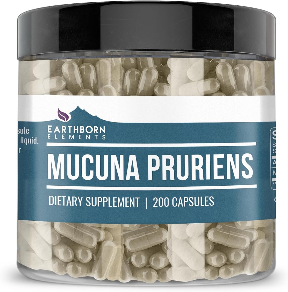 Elementos tercos Mucuna Pruriens Extracto, 200 cápsulas, sin aditivos o artillerías