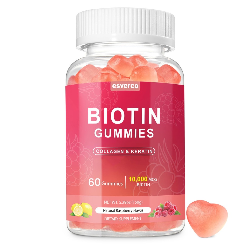 Biotina 10000mcg Keratin Collagen Gummies Suplementos Pelo uñas Vitaminas Pelo diario Crecimiento de uñas &amp; Fortaleza Gummies para Mujeres Biotina Vegana y Vitamina C Gummy 60 Con