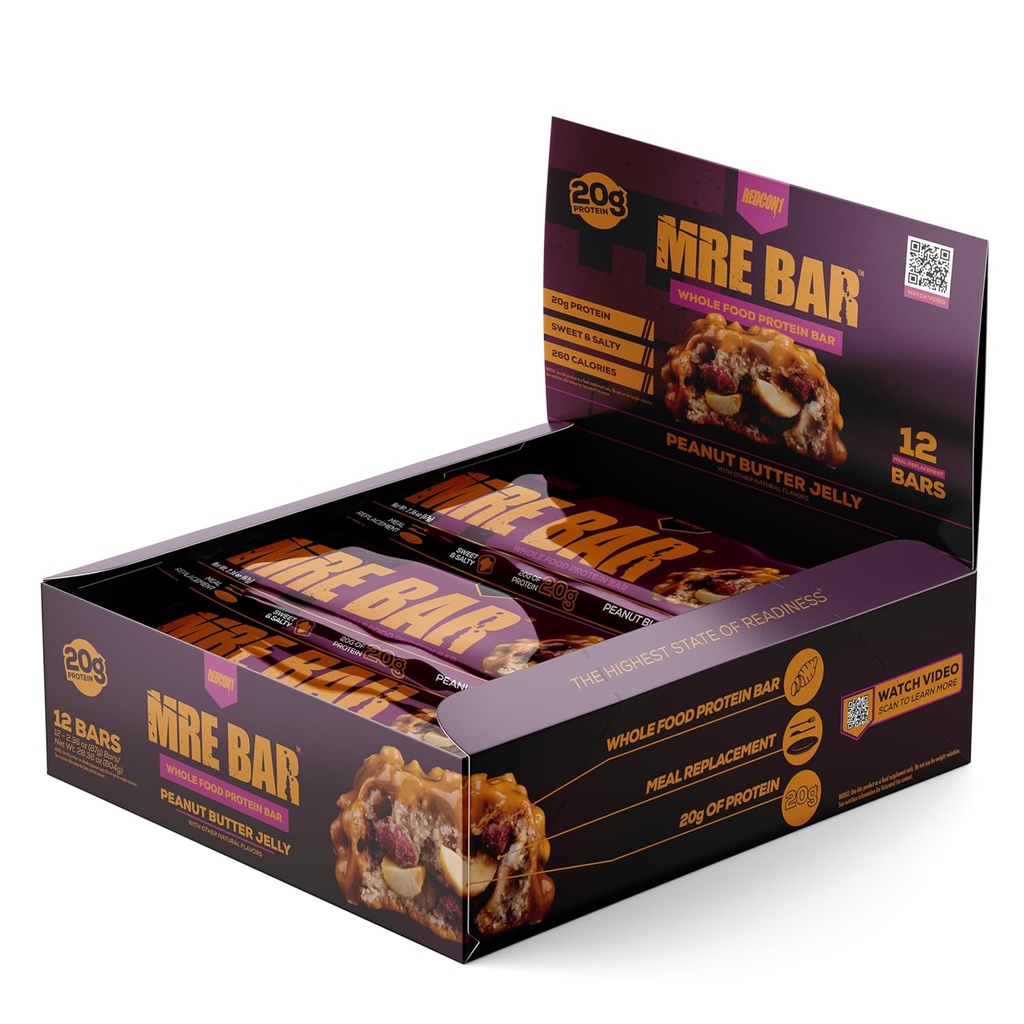 REDCON1 MRE Protein Bar, Peanut Butter Jelly - Contiene MCT Oil + 20g de Whole Food Protein - Easily Digestible, Macro Balanced Low Sugar Meal Replacement Bar (12 Bares)