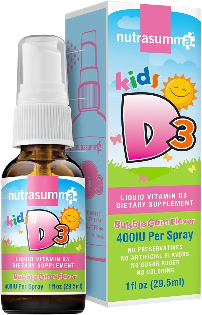 Nutrasumma Niños Vitamina D3 400 UI Spray Bubble Gum Flavor-1oz- Naturalmente Alta Absorción Tarifa Soporte Boosts Bono Sistema Inmune Suplemento Vitamina