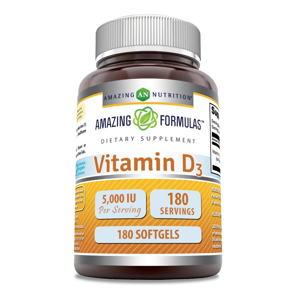 Fórmulas asombrosas Vitamina D3 (Cholecalciferol) Suplemento TEN 5000 UI por Serving TEN 180 Softgels TEN NO-GMO ANTE Gluten-Free TEN Made in USA