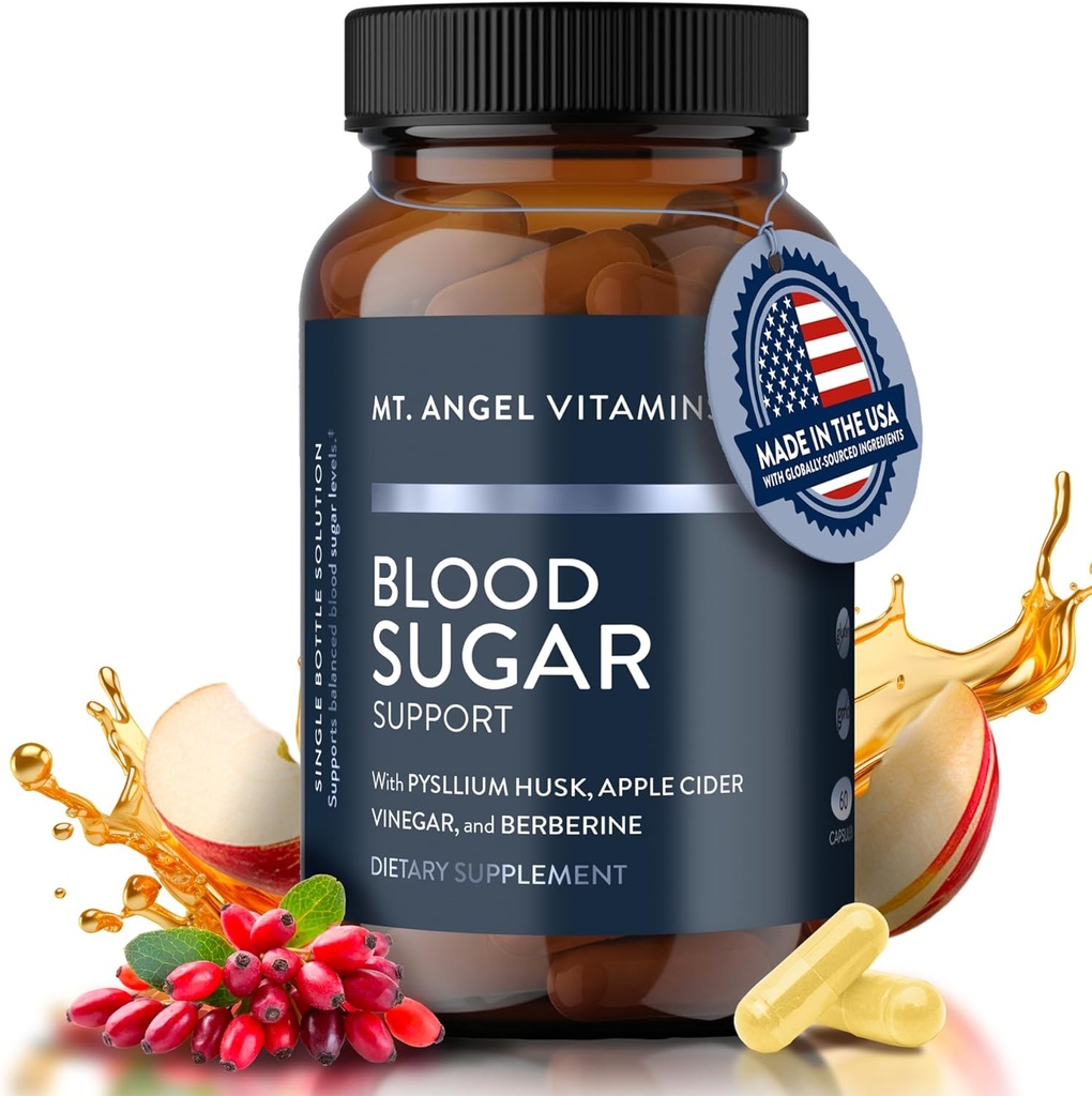 Mt. Angel Vitaminas Sangre Sugar Apoyo Suplemento - Suplemento Natural con Pysllium Husk, Berberine con Ceylán Canamón, y Apple Vinagre de Sidra - Apoyos Niveles saludables de azúcar en sangre - 60 cápsulas