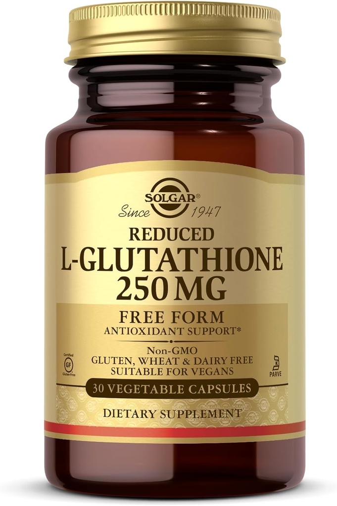 Solgar Reducido L-Glutathione 250 mg - 30 cápsulas vegetales - Soporte antioxidante - No GMO, Vegan, Gluten Gratis, Dairy Free, Kosher - 30 Actuaciones