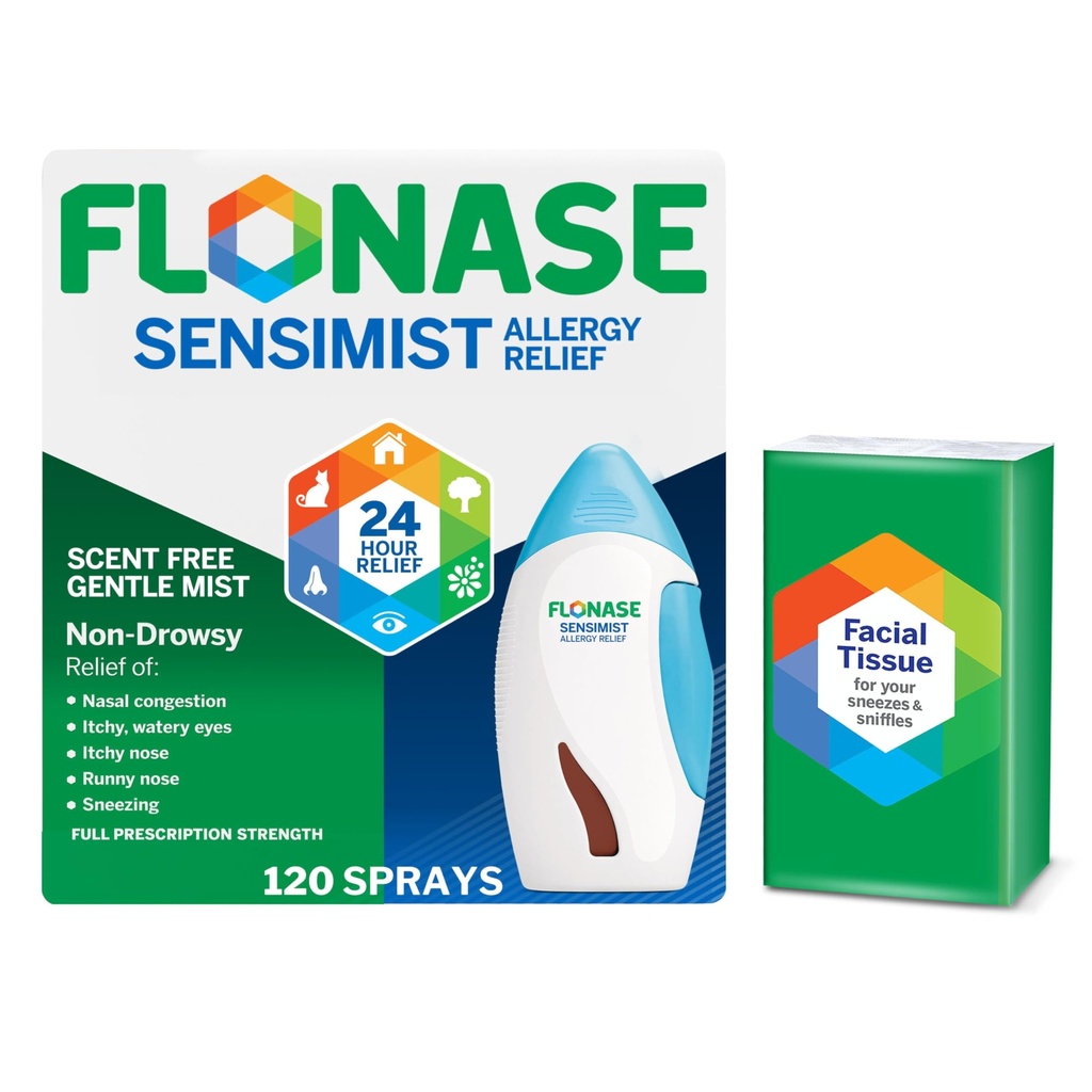 Flonase Sensimist Alergy Relief Nasal Spray - Non-Drowsy 24HR Long Lasting Alergy Relief with Fine, Scent-Free Mist - 120 Sprays Plus Bonus Pack of Tissues