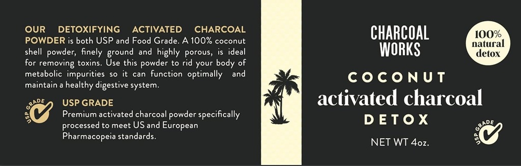 Polvo de carbón activado de coco por TRABAJOS CHARCOALES TENIDO USP Comida Grado de Charcoal Bebida Silencioso Detox ← Alta capacidad de Adsorción ← Acción rápida