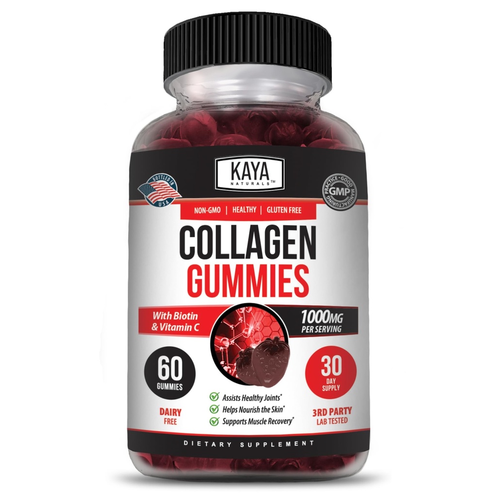 Kaya Naturals Collagen Gummies for Men &amp; Women Supplement ¦ Nature Made Gummies - 1000mg of Hydrolyzed Collagen, Vitamina C, Selenium & Biotin, Strawberry Flavor - 60 Condes Gummies