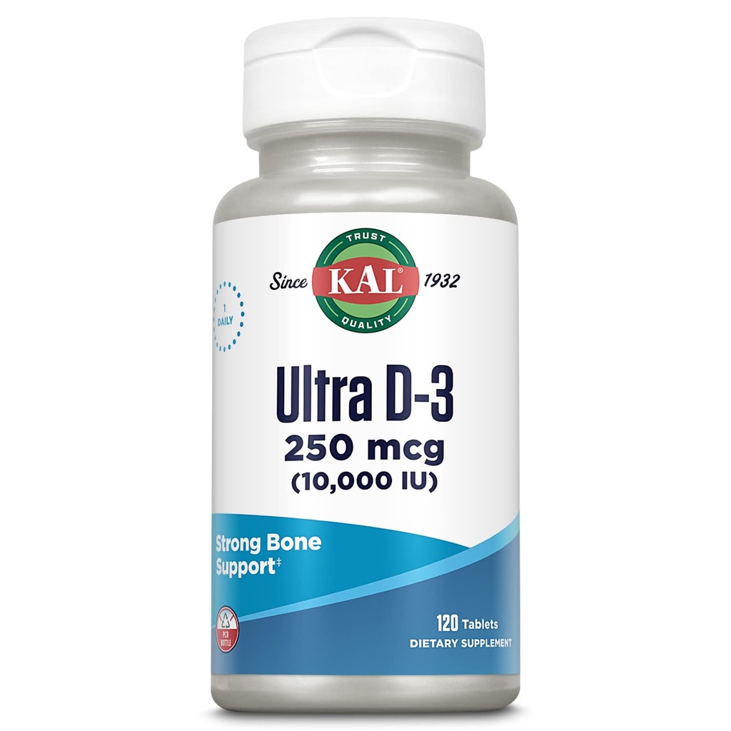 KAL Ultra Vitamina D3 10000 UI 250 mcg, High Potency Vitamin D Tablets, Calcium Absorption, Bone Health and Immune Support Suplemento, Rapid Disintegration D-3 ActivTabs, 120 Servings, 120 Tablets