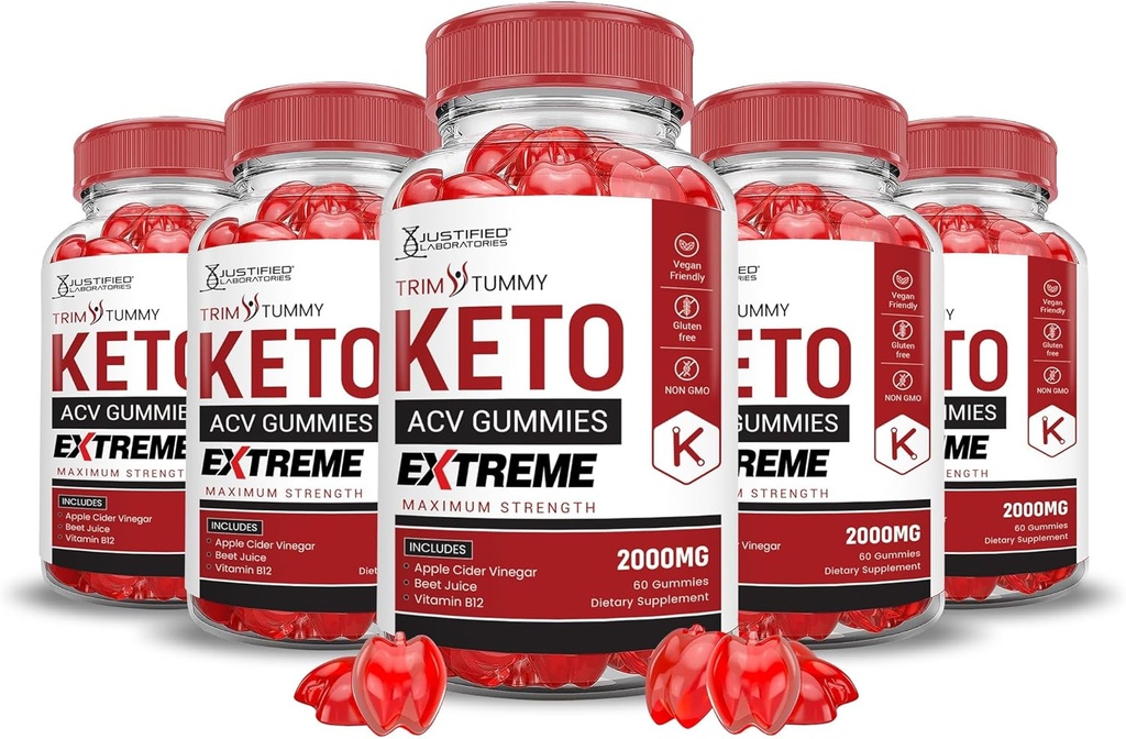 Laboratorios justificados (5 Pack Trim Tummy Keto ACV Gummies Extreme 2000MG Trim Tummy Keto Gummies Apple Sider Vinegar Fórmulada con Pomegranate Beet Juice Powder B12 Vegan No GMO 300 Gummys