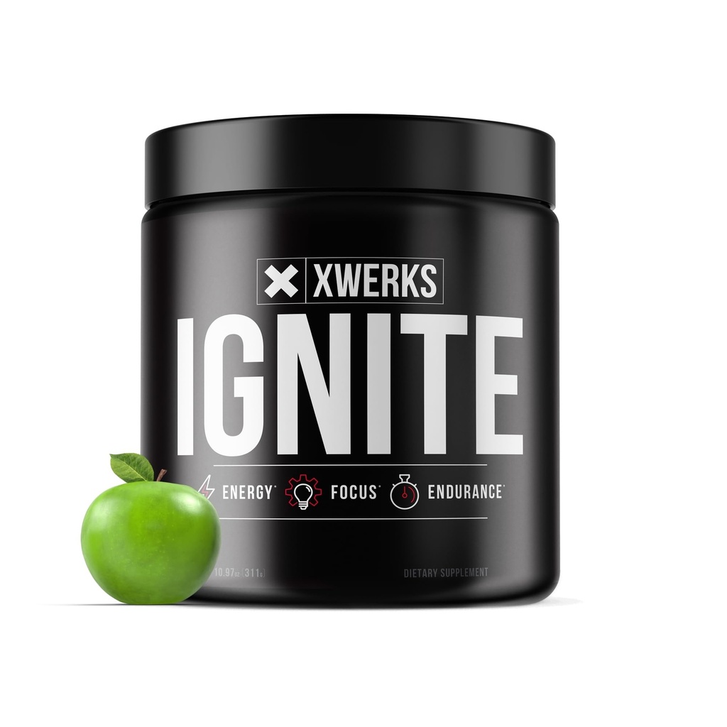 Xwerks Ignite Pre Workout Powder for Men and Women, Natural Preworkout Energy Drink Powder, Gluten Free Keto Formula for Endurance Stamina and Workout Focus, 150 mg Caffeine, 30 Servings, Green Apple