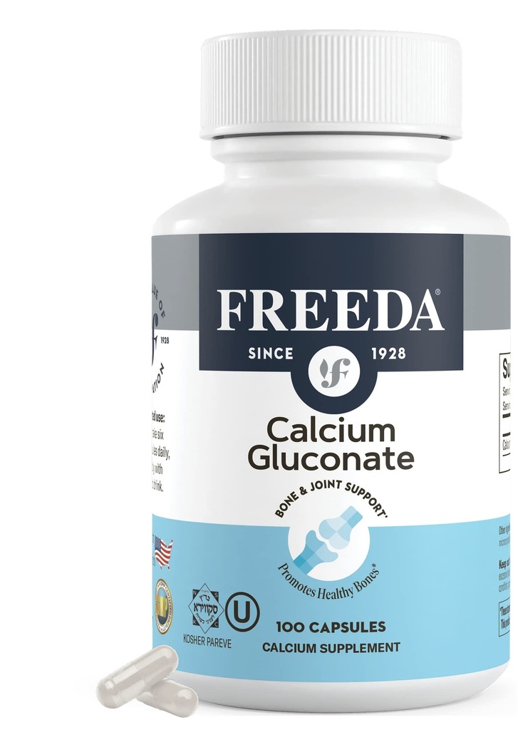 Freeda Calcium Gluconate – Kosher Vegan Calcium Supplement – Easy to Digest & Absorb – Supports Bone Strength – Pure Calcium Without Vitamin D – (100 cápsulas)