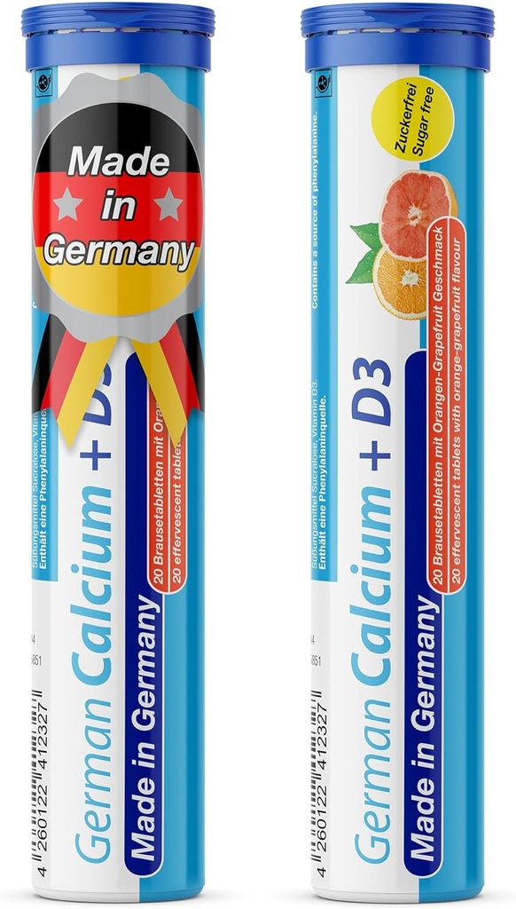 Calcio alemán + VIT. D - 40 Bebida Vegetariana Tablas efervescentes - Orange-Grapefruit Flavor - Hecho en Alemania