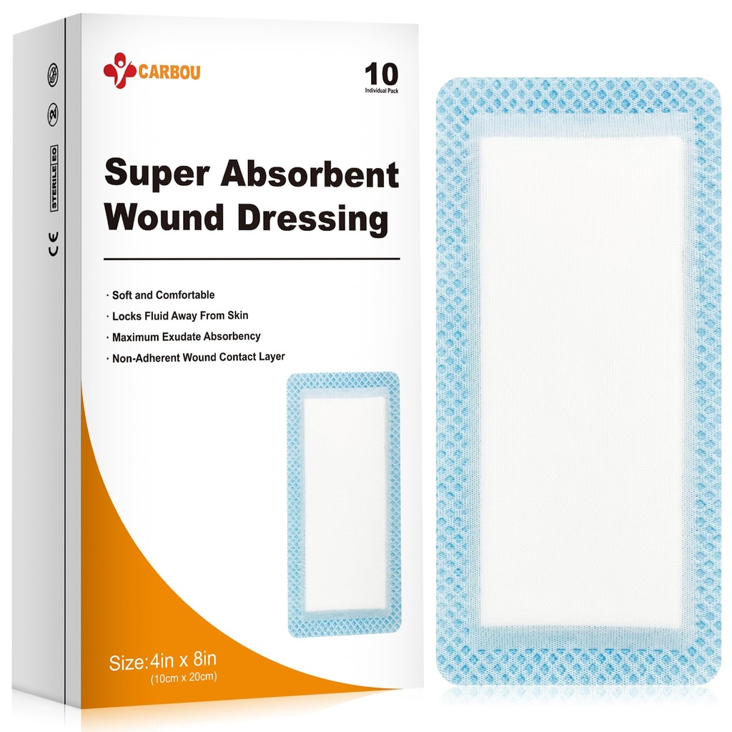 Carbou Super Absorbent Wound Dressing Pads 4"x 8", 10 Individual Pack, Non Adhesive Absorbent Bandages for Wound Care, Soft Highly Absorbent Dressing, Non Stick Gauze Pads for Wounds