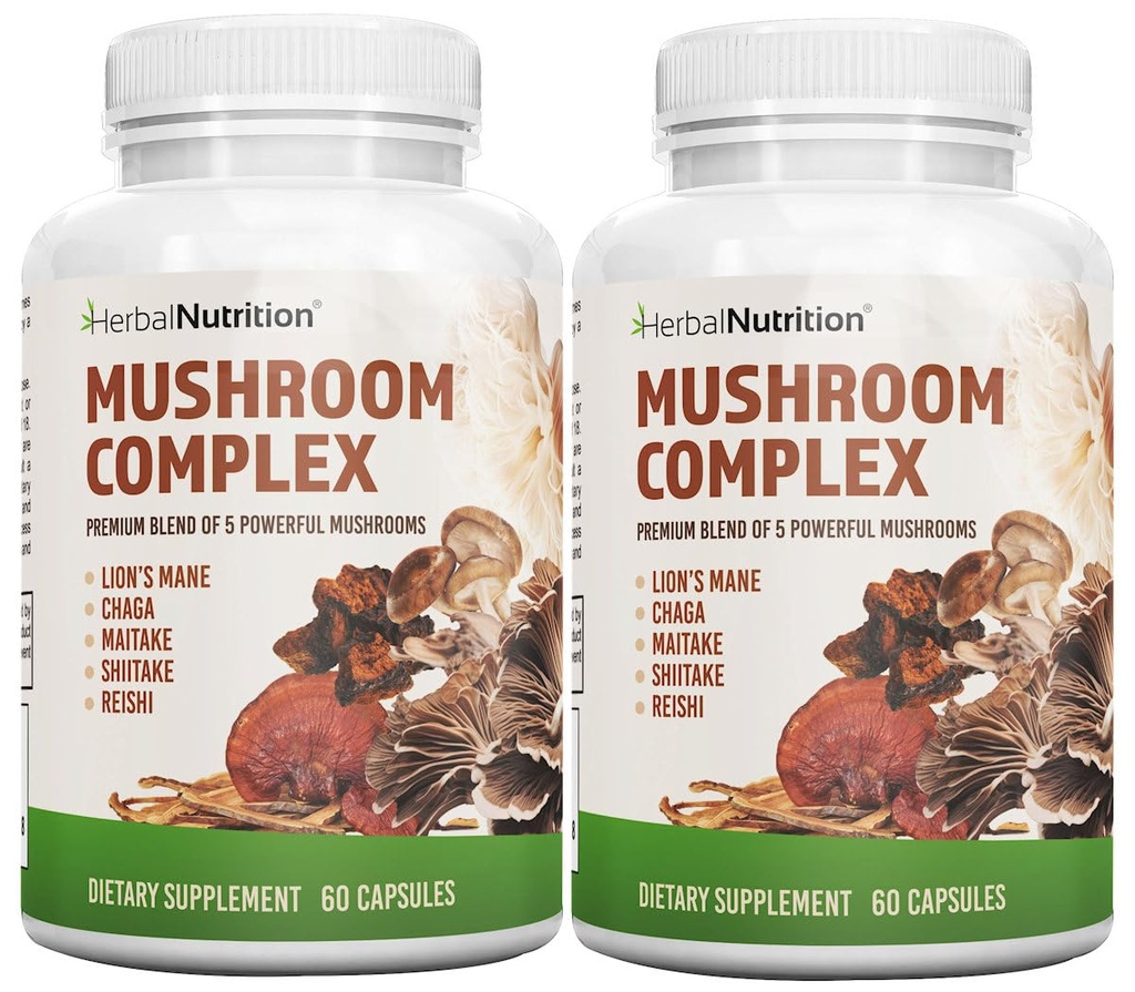 Complejo de baño herbal de nutrición 700mg a 1400mg. Los 5 salones más potentes - Lions Mane, Reishi, Chaga, Maitake, Shiitake - apoya la salud inmune, la salud cerebral nootrópica para la memoria & Focus
